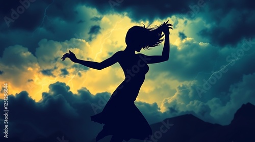 Silhouette of woman dancing in stormy sky.