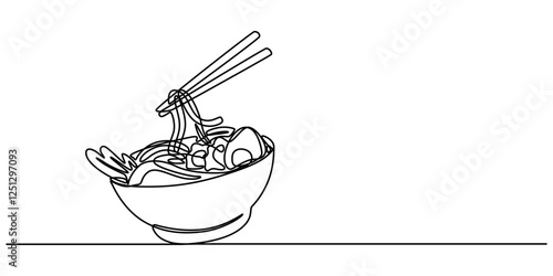 Continuous one line drawing of asian noodle in the bowl. Ramen line art drawing vector illustration, One line illustration of ramen bowl, Spaghetti Line Icon, Chinese food take out box with noodles.
