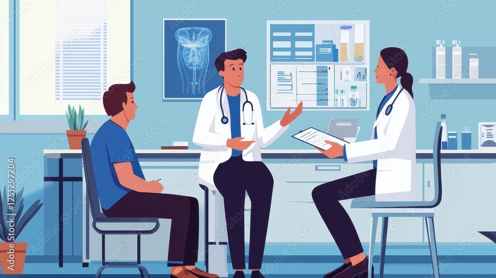 A doctor discusses health concerns with a patient in a modern clinic setting, emphasizing communication and care. A doctor discusses health concerns with a patient in a modern clinic setting, emphasizing communication and care.