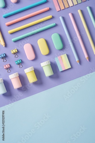 Stationery banner in green, yellow, pink and blue pastel colors on light purple and blue background. Space for your text.