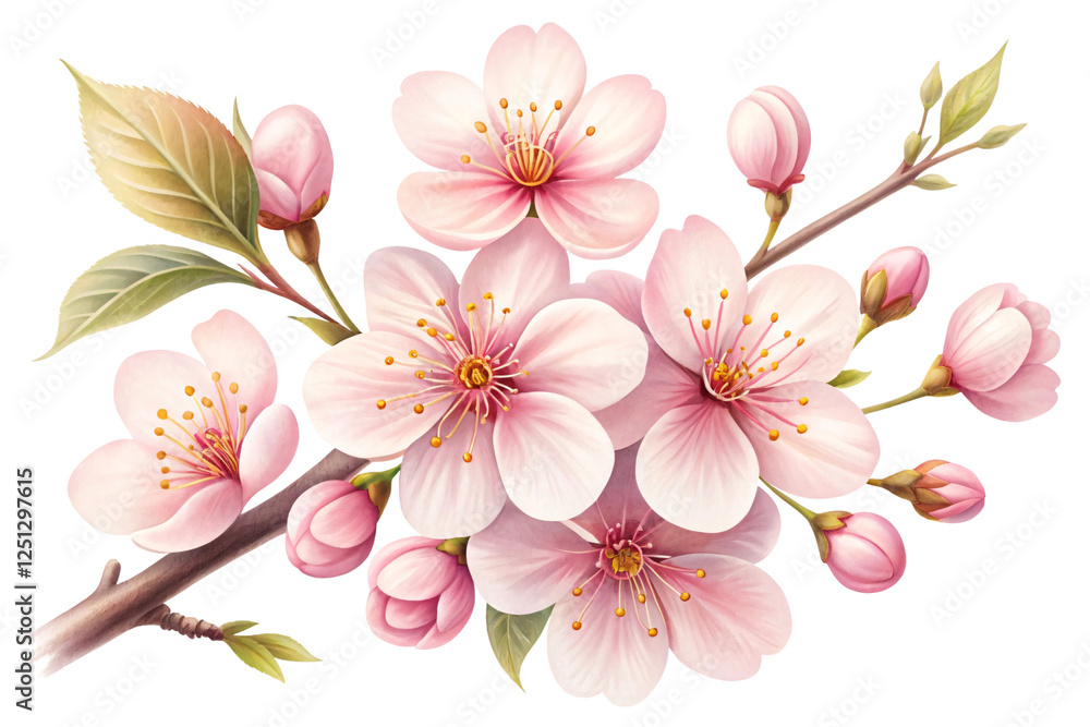 Fototapeta premium Cherry blossom branch in spring floral art nature illustration soft pastel colors close-up view of flowers and buds symbol of renewal and beauty