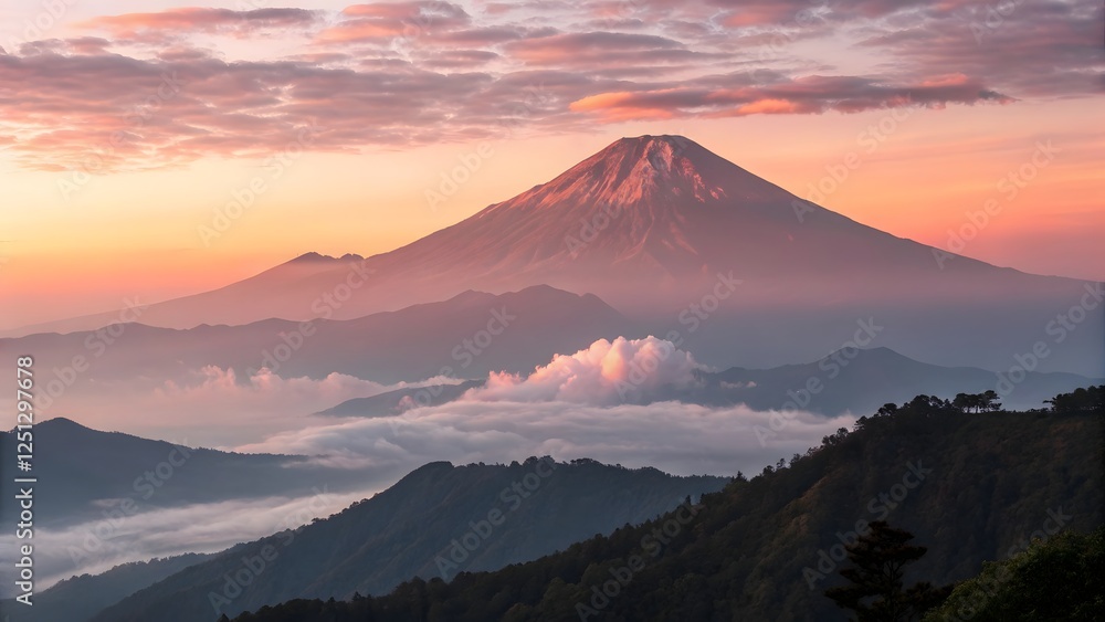 Serene Landscape of Majestic Mountain Under Colorful Sky at Sunrise with Clouds and Valleys Surrounding Serene Landscape of Majestic Mountain Under Colorful Sky at Sunrise with Clouds and Valleys Surrounding