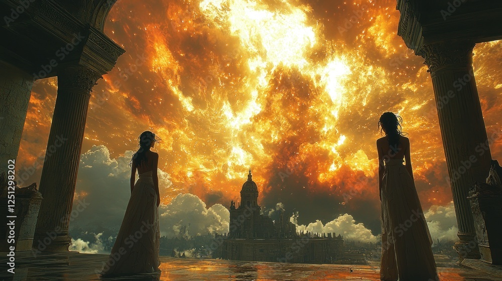 Fototapeta premium Two Women Gaze Upon A Fiery Celestial Event Above A City