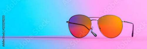 Round sunglasses featuring vibrant pink and orange reflections lying on a dynamic, multihued photo