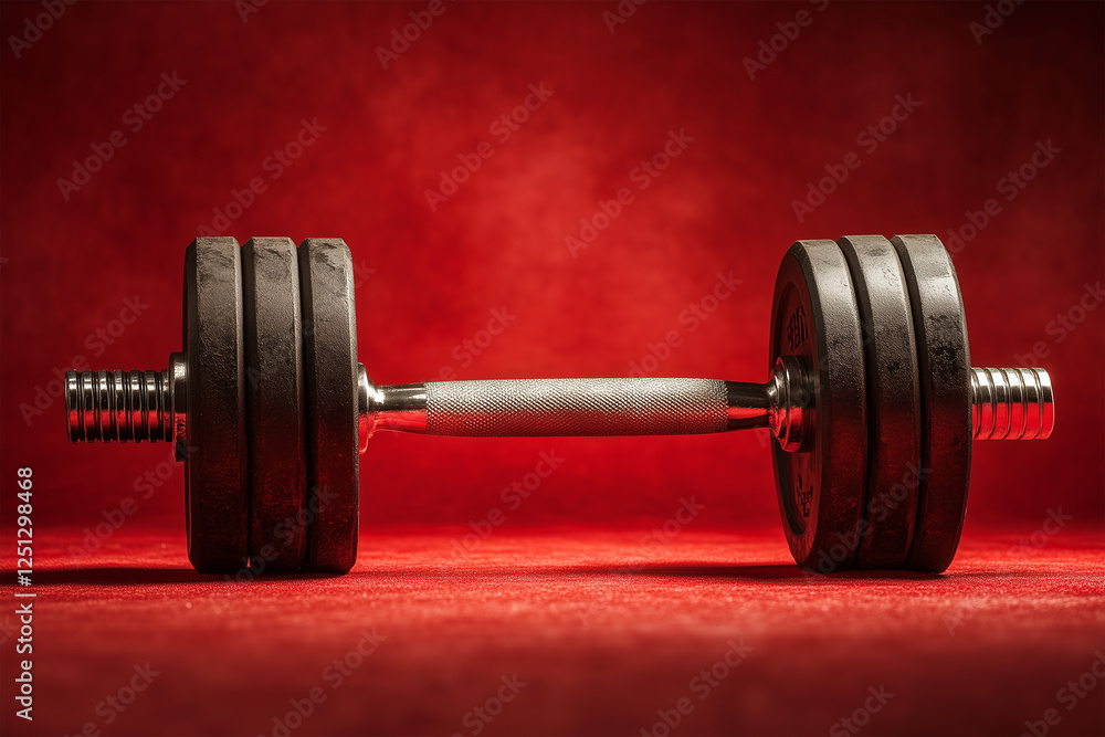 Naklejka premium Black Dumbbell for Fitness Isolated on Bold Red Background