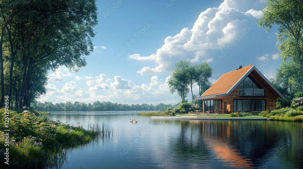 Fototapeta premium Lakeside Cabin, Summer Day, Tranquil Nature, Vacation Home