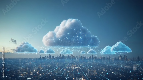 Futuristic digital cloud network with layers of interconnected data streams glowing over an illuminated modern urban cityscape  Conceptual visualization of smart technology information systems