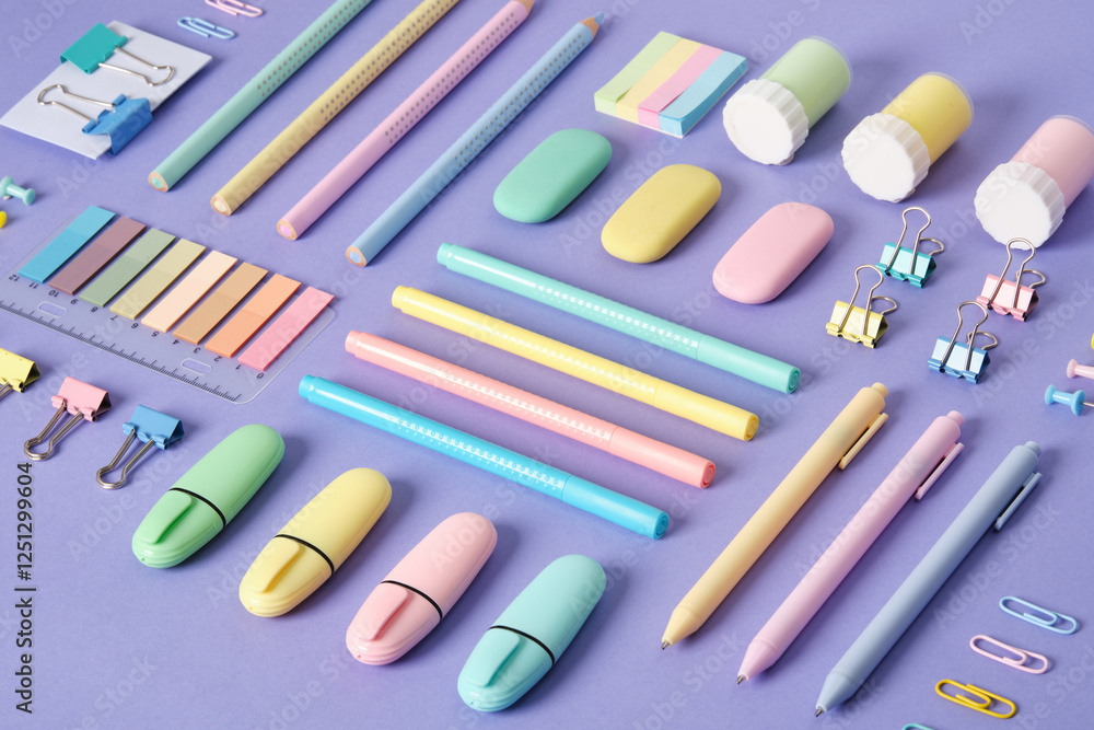 Stationery background with pastel-colored stationery neatly arranged on a light purple background. Stationery background with pastel-colored stationery neatly arranged on a light purple background.