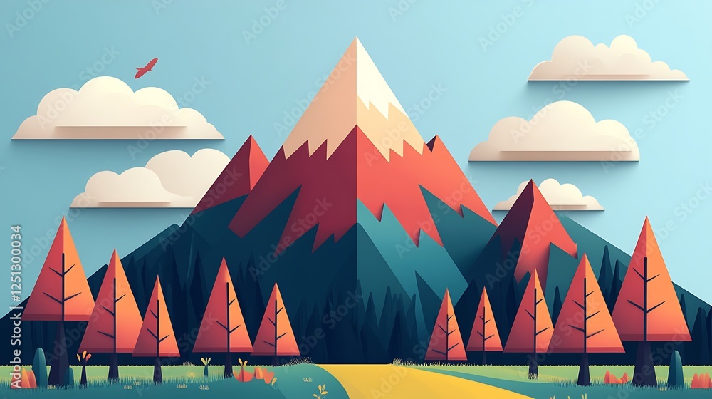 Geometric Mountain Landscape with Autumn Trees and Bird Geometric Mountain Landscape with Autumn Trees and Bird