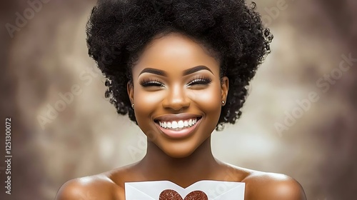 Happy African American Woman Holding Valentine's Day Card photo