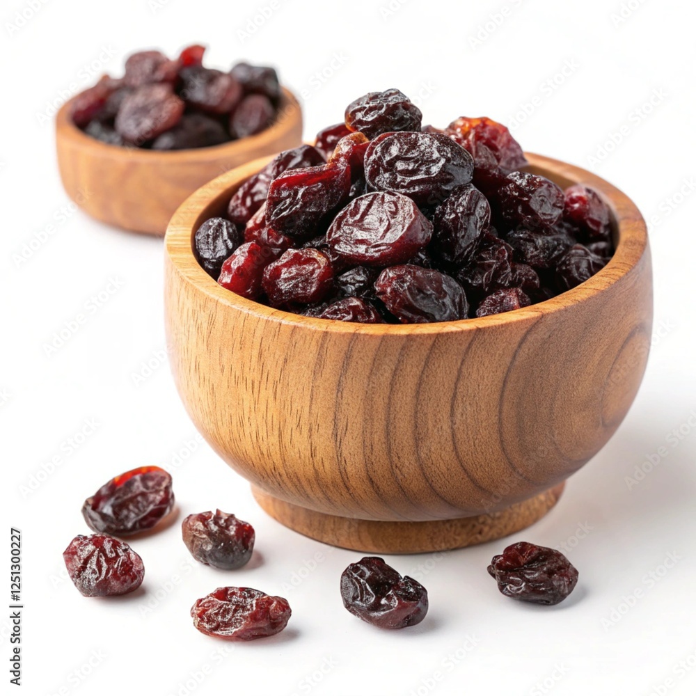Delicious Dark Red Raisins in Wooden Bowls Healthy Snack Food Dried Fruit