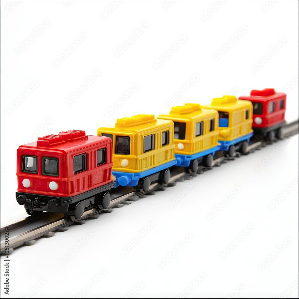 Fototapeta premium Colorful toy train on tracks, white background, children's play