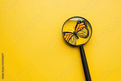 Magnifying glass, butterfly, yellow background, detailed view, nature study