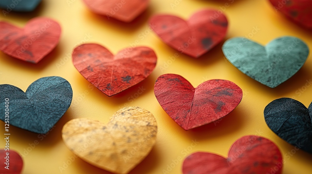 Fototapeta premium a vibrant display of red, black, and green paper hearts scattered on a yellow surface, representing the juneteenth celebration and the themes of freedom and unity.