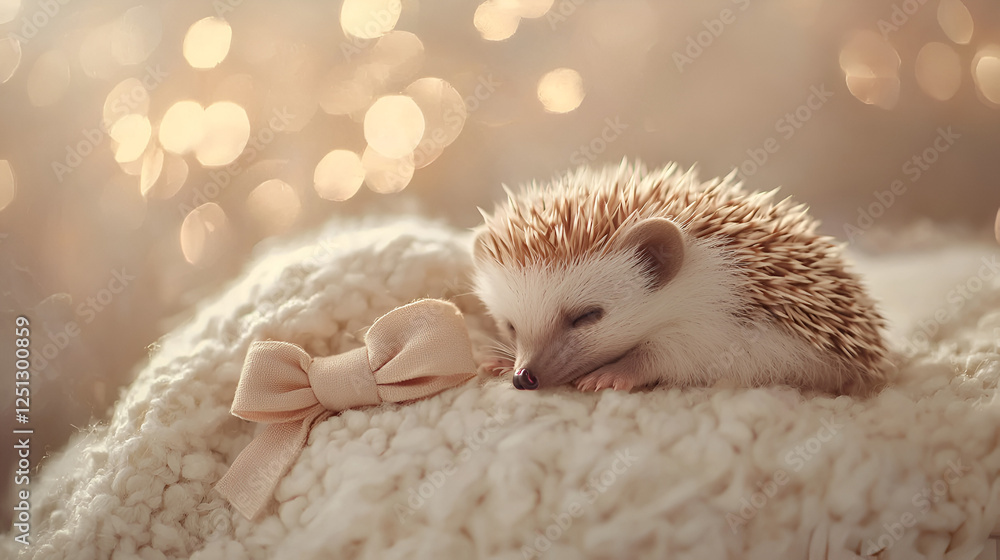 Sleeping hedgehog on a soft blanket, gently illuminated by bokeh lights, adding a touch of warmth and whimsy to the scene. Sleeping hedgehog on a soft blanket, gently illuminated by bokeh lights, adding a touch of warmth and whimsy to the scene.