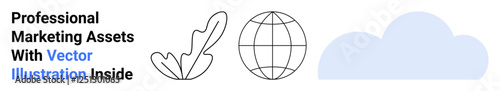 Leaf icon, globe, and cloud symbol emphasize nature, technology, and global connectivity. Ideal for sustainability, environment, technology, globalization innovation digital platforms flat landing