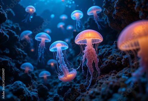 Strange and rare sea creatures roam the dark depths of the Mariana Trench. including bioluminescent jellyfish organisms. background wallpaper AI generated image 