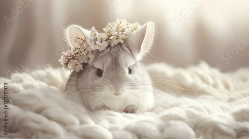 A charming chinchilla adorned with a delicate flower crown, resting peacefully on a fluffy, white blanket. photo