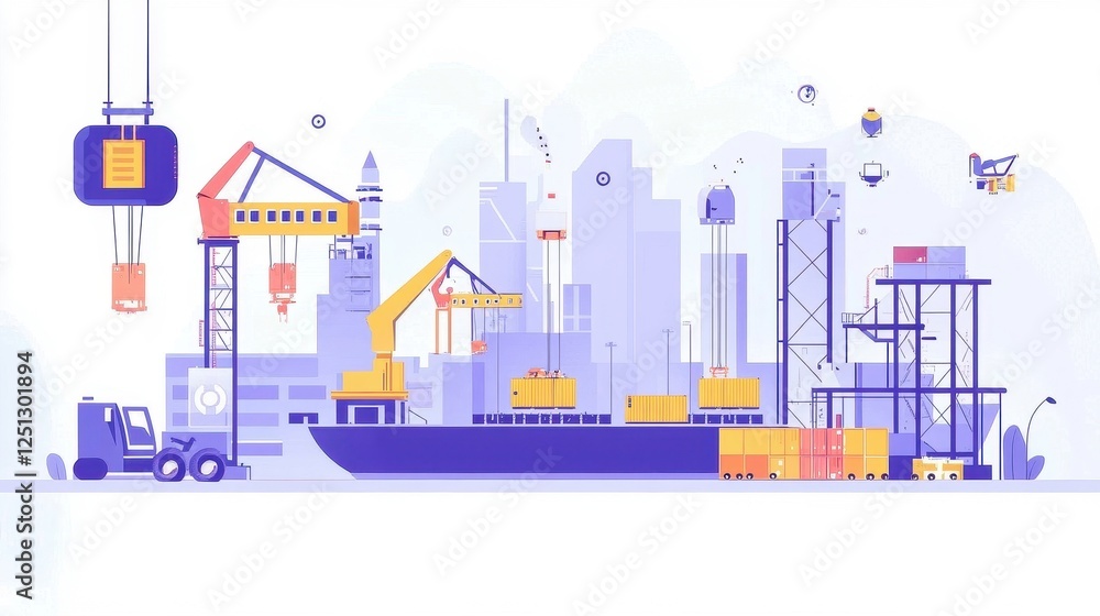 Obraz premium Colorful Industrial Port Illustration with Shipping Elements