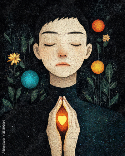 A figure with closed eyes, hand over heart, with two symbolic objects nearby representing opposing