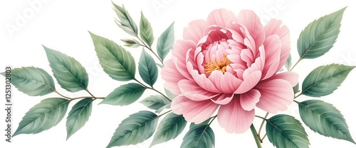 Fototapeta Naklejka Na Ścianę i Meble -  Pink Peony Flower with Green Leaves Botanical Illustration