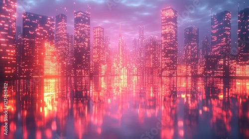 Wallpaper Mural Neon city skyline reflecting in water at dusk; futuristic cityscape backdrop Torontodigital.ca