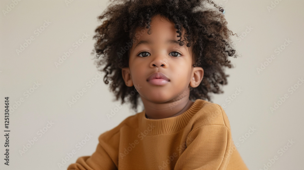 Young child with curly hair in a mustard-colored top on a neutral background. Young child with curly hair in a mustard-colored top on a neutral background.