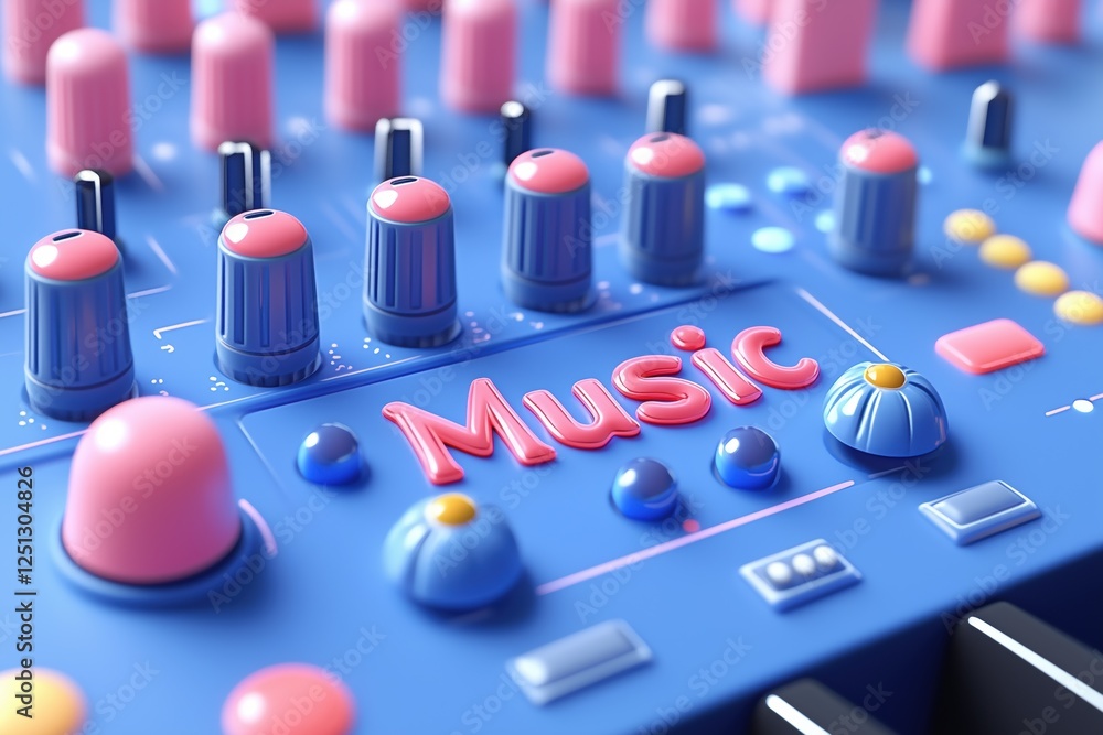 A colorful close-up of a music mixing console featuring various knobs and buttons. The word 'Music' is prominently displayed in a playful font, surrounded by vibrant controls in shades of blue. A colorful close-up of a music mixing console featuring various knobs and buttons. The word 'Music' is prominently displayed in a playful font, surrounded by vibrant controls in shades of blue.