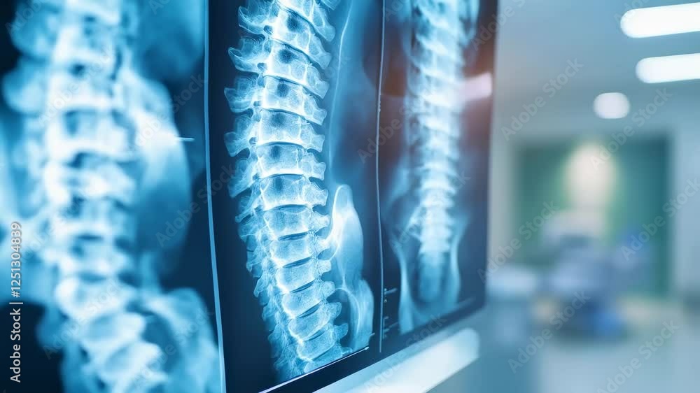 Medical monitor displaying detailed anatomical x ray of human spine and pelvis, gradually zooming in within sterile hospital room setting Medical monitor displaying detailed anatomical x ray of human spine and pelvis, gradually zooming in within sterile hospital room setting