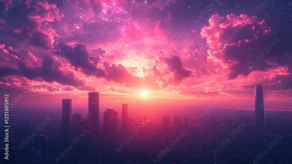 Fototapeta premium Pink sunset over futuristic city, starscape background, fantasy, design