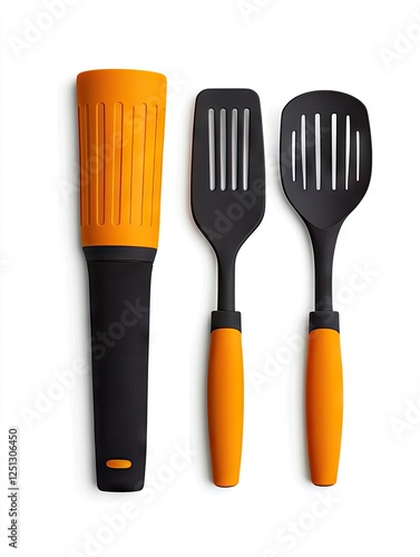 Orange and black kitchen utensil set, spatula, spoon, cooking tools on white background, food prep photo