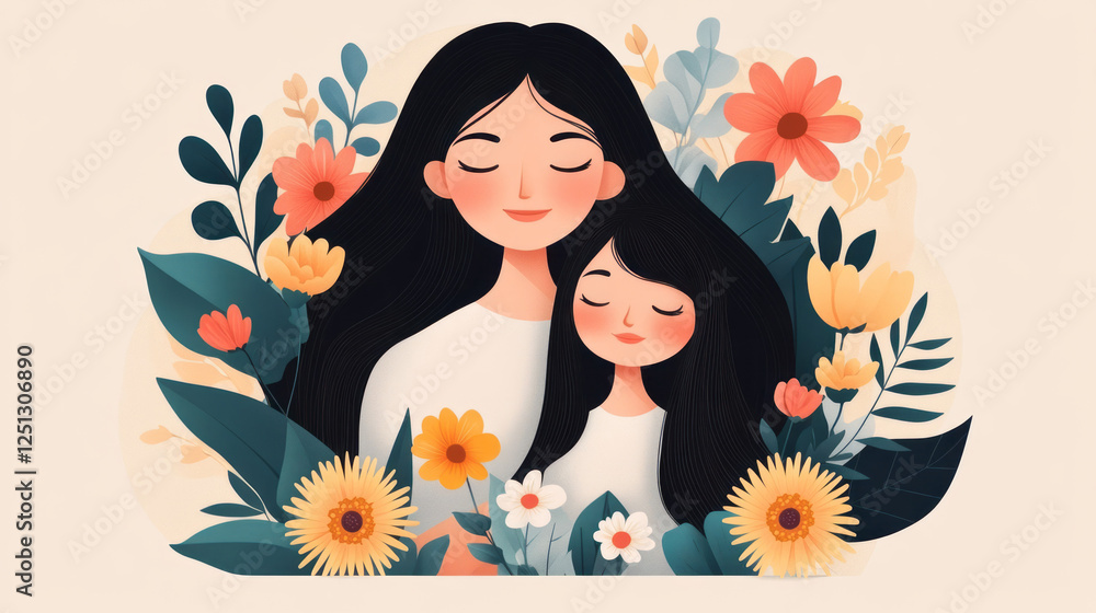 A cheerful illustration of a mother and daughter celebrating Women’s Day together with flowers A cheerful illustration of a mother and daughter celebrating Women’s Day together with flowers
