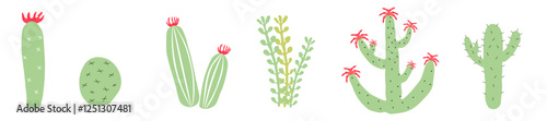 Set of exotic cacti on white isolated background. Plants of desert. Succulent. Green and red colors. Six elements for your layouts, postcards, and stickers. Prickly cute natural creations of nature.