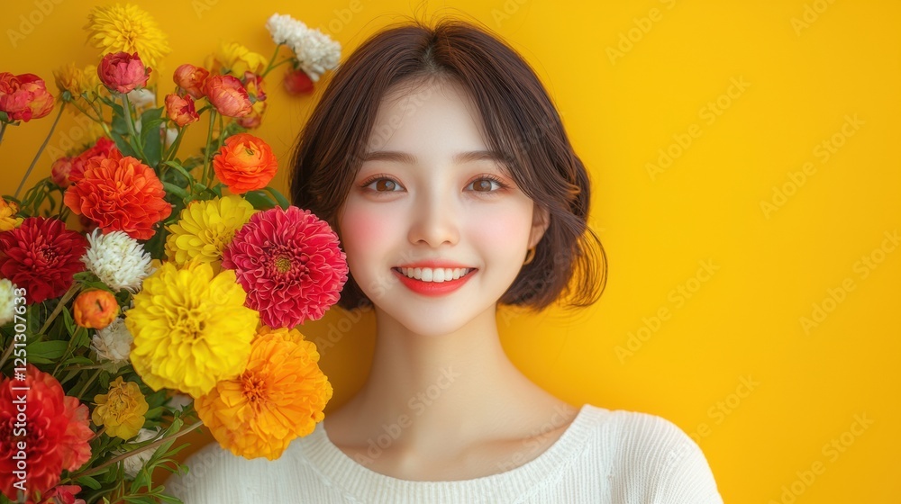 Cheerful Young Woman Holding Colorful Flowers Against Yellow Background Cheerful Young Woman Holding Colorful Flowers Against Yellow Background