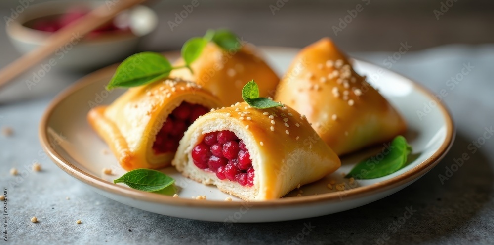 Golden Pastry Pockets Filled with Sweet Berry Filling, Garnished with Fresh Herbs and Sesame Seeds on a Plate Golden Pastry Pockets Filled with Sweet Berry Filling, Garnished with Fresh Herbs and Sesame Seeds on a Plate