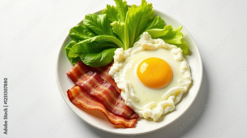 A delicious breakfast plate featuring a perfectly fried egg, crispy bacon strips, and fresh green lettuce garnish on a pristine white plate A delicious breakfast plate featuring a perfectly fried egg, crispy bacon strips, and fresh green lettuce garnish on a pristine white plate