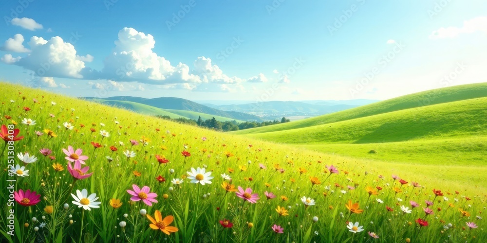 Serene Rolling Hills Landscape with Vibrant Wildflower Meadow under a Sunny Sky Serene Rolling Hills Landscape with Vibrant Wildflower Meadow under a Sunny Sky