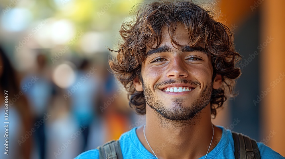 A young man with curly hair beams with a cheerful smile, wearing a casual blue shirt. This portrait captures a sense of warmth and friendliness. A young man with curly hair beams with a cheerful smile, wearing a casual blue shirt. This portrait captures a sense of warmth and friendliness.
