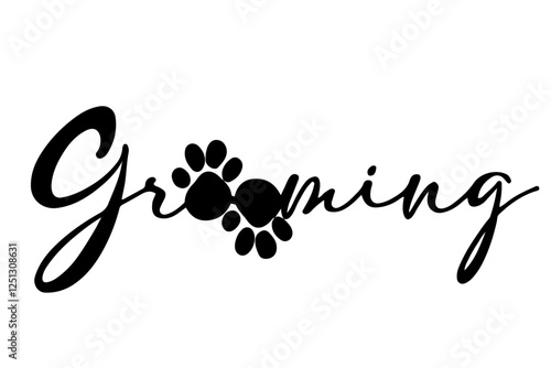 Vector of the word 'Grooming' with dog paws replacing the two letters 'O'