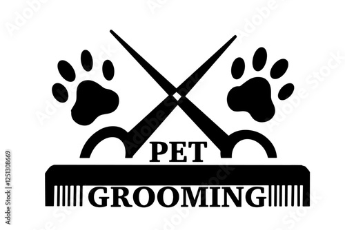 Logo for a pet grooming  with a silhouette of scissors and a dog paw