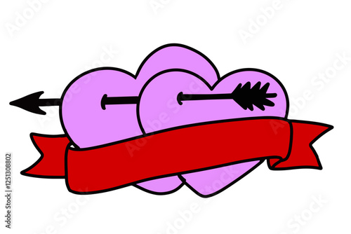 Two pink hearts pierced by Cupid's arrow and wrapped with a ribbon