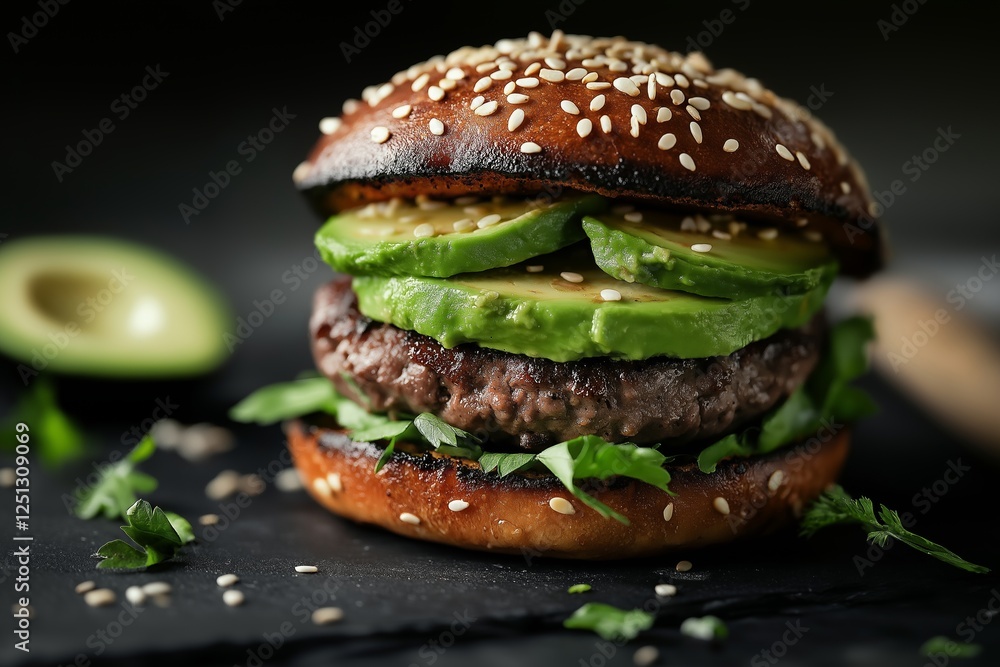 Delicious avocado keto burger featuring low-carb diet recipes perfect for weight loss. Concept focuses on fresh ingredients and healthy options for low-carb diet. Delicious avocado keto burger featuring low-carb diet recipes perfect for weight loss. Concept focuses on fresh ingredients and healthy options for low-carb diet.