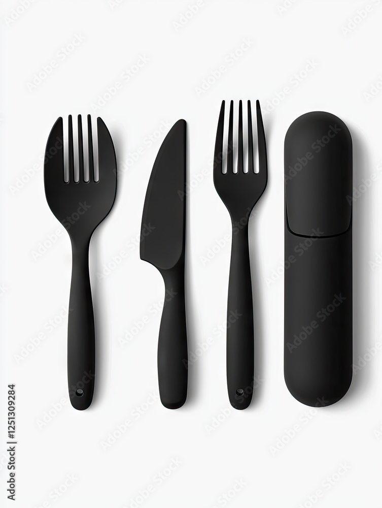 Black reusable cutlery set, knife, fork, spoon, case, studio shot, food photography Black reusable cutlery set, knife, fork, spoon, case, studio shot, food photography