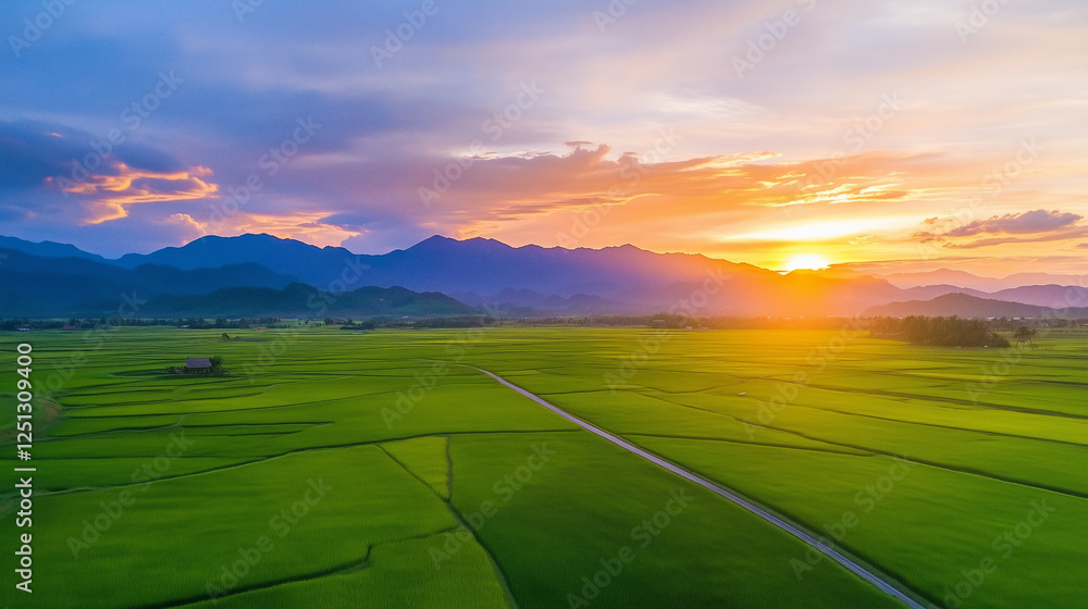 Fototapeta premium vibrant sunset over lush rice fields and mountains in Philippines