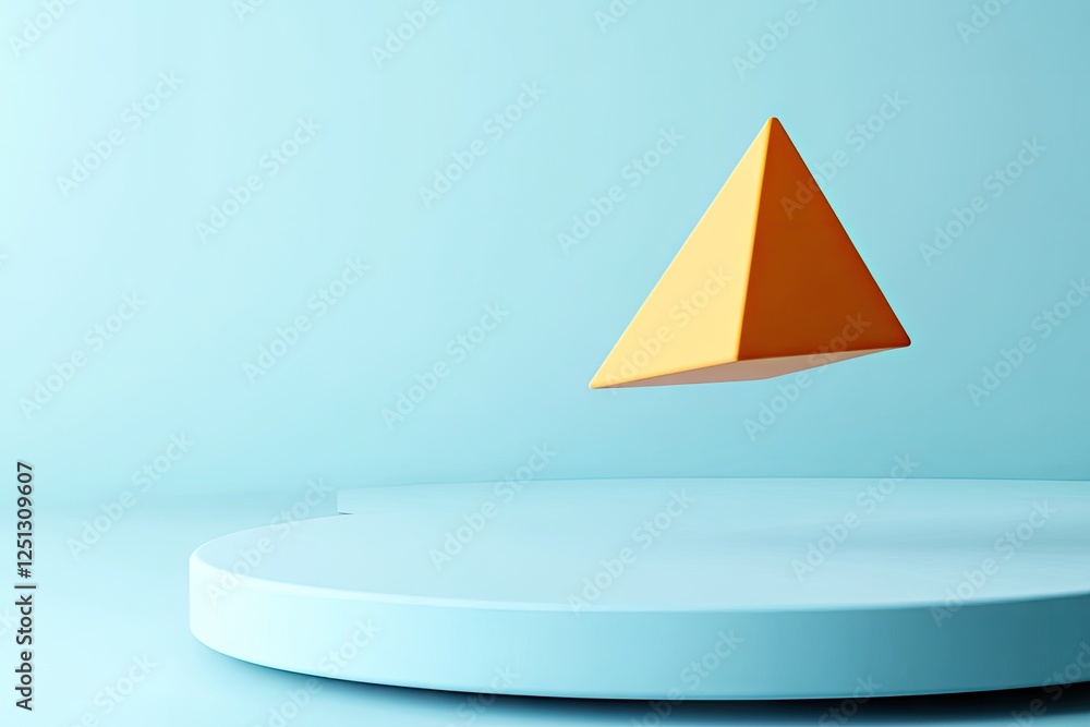 Fototapeta premium Orange pyramid hovers above light blue platform against pastel background; 3D render for product display