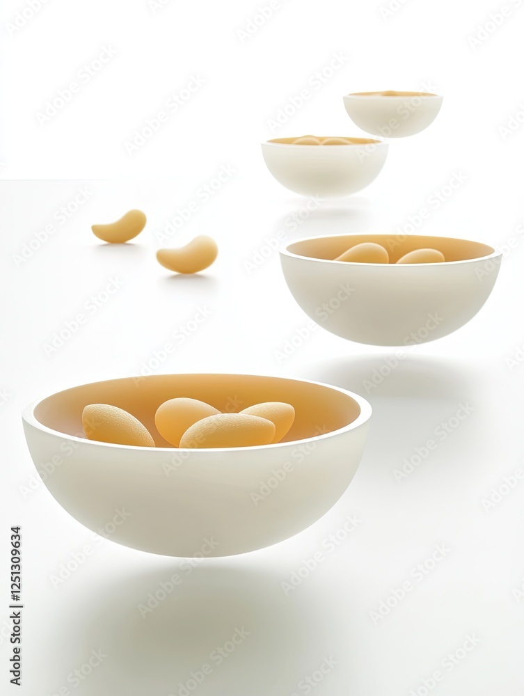 Floating bowls of beans, studio shot, white background, food photography Floating bowls of beans, studio shot, white background, food photography