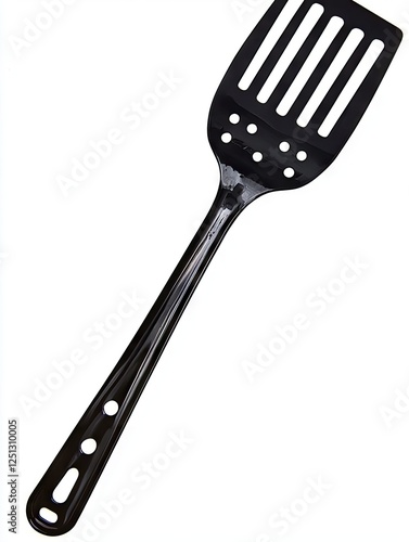 Black slotted spatula, cooking utensil, kitchen tool, white background photo