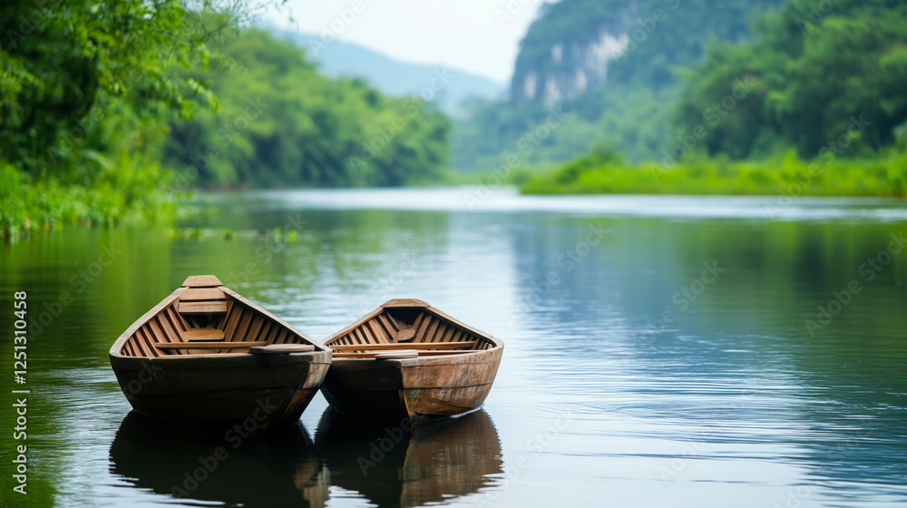 Traditional wooden boats float peacefully on calm river surrounded by lush greenery Traditional wooden boats float peacefully on calm river surrounded by lush greenery
