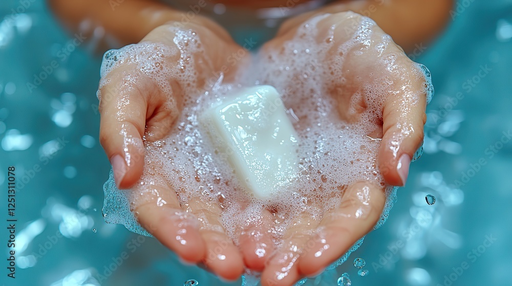 Fototapeta premium Above, an overhead close-up view photo of a teen girl using white solid cream soap for washing her hands. She has sensitive skin, isolated over a blue background.
