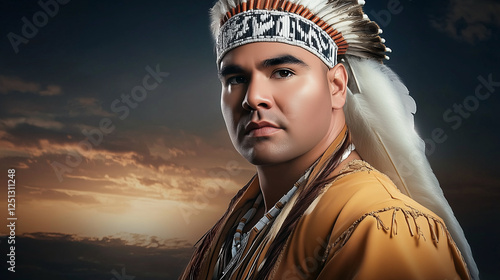 Portrait of a Native American man wearing a traditional feathered headdress, captured in a professional studio setting with high-resolution detail. The serious expression and neutral background emphas photo